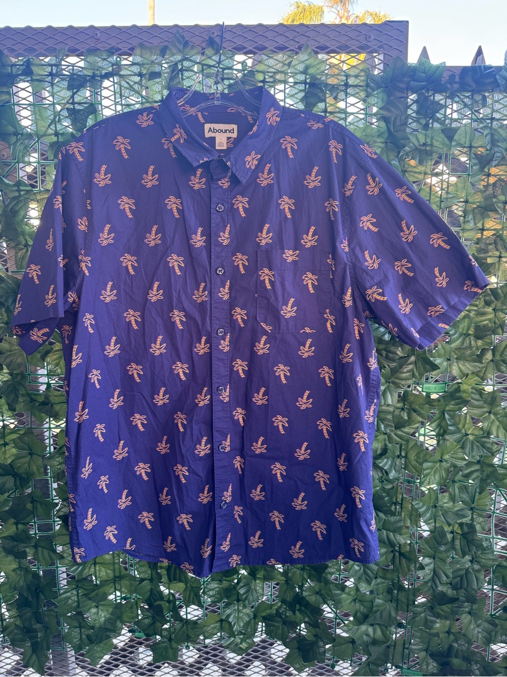 Abound Men’s Blue Short-Sleeve Button-Up Shirt with Tan Palm Print